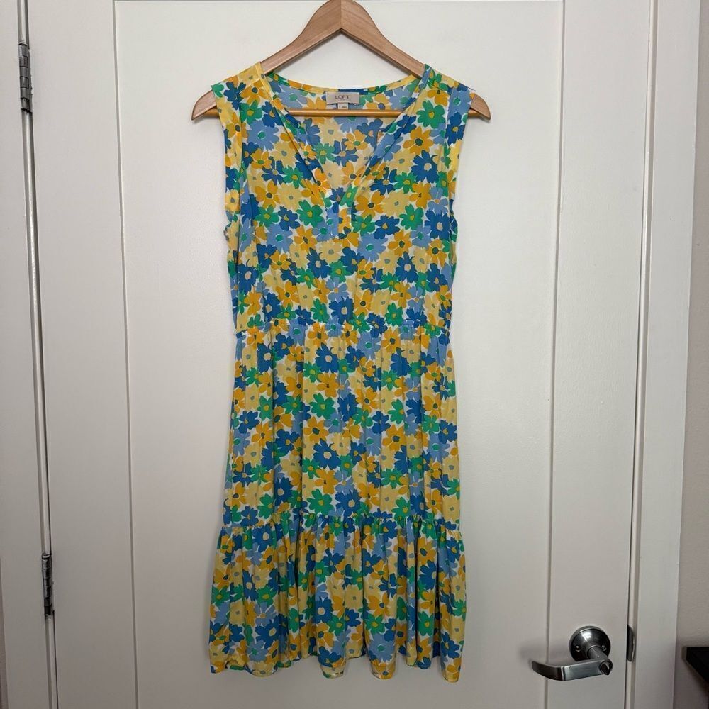 Loft Sundress Dress Size S Yellow Blue Floral Sleeveless Beach Summer Colorful